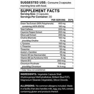 Supplement label with detailed nutritional information and ingredients