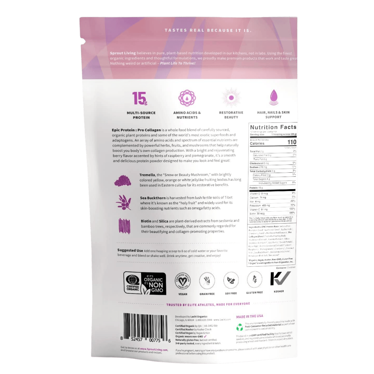 Sprout Living Epic Protein Pro Collagen Organic Plant Protein + Superfoods 0.7 lbs