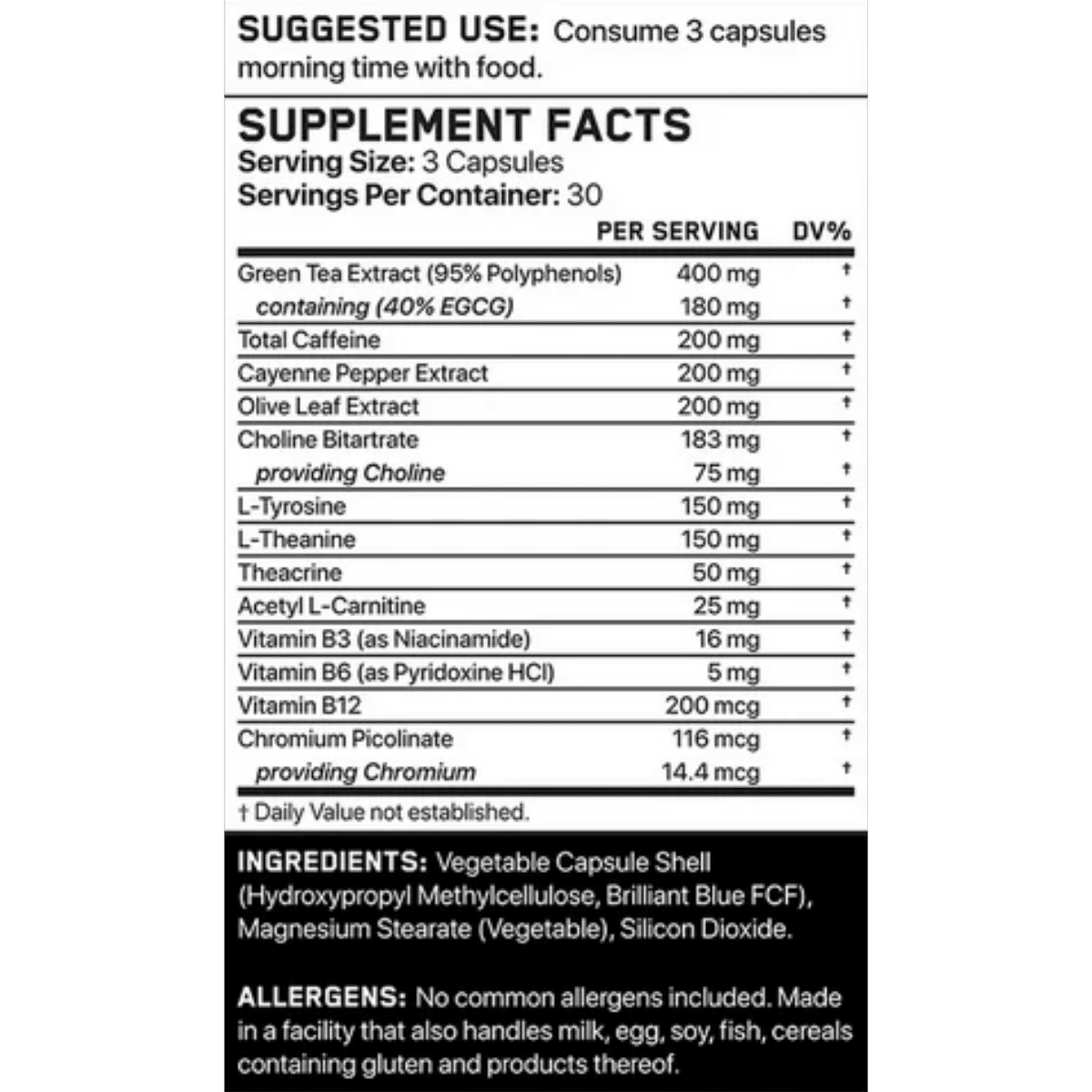 Supplement label with detailed nutritional information and ingredients
