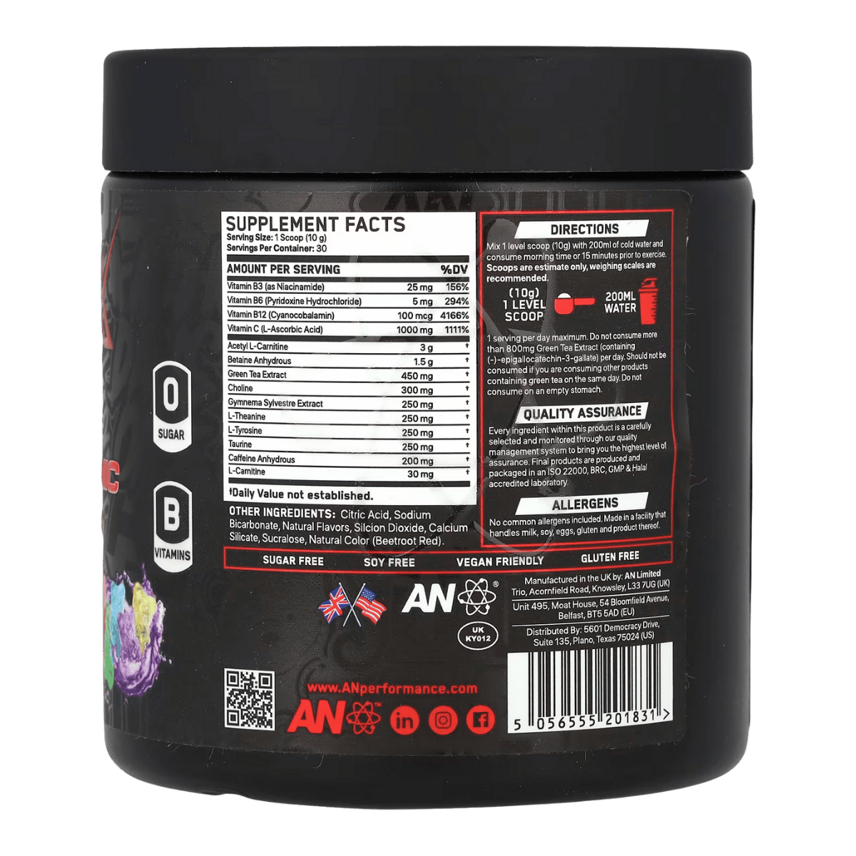 Supplement container with label showing supplement facts, directions, and branding.